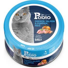 کنسرو ۲۰۰ گرمی پابلو گربه با طعم مرغ و ماهی سالمون و کدو حلوایی