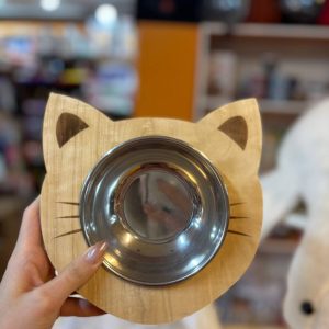 ظرف آب و غذای گربه چوبی طرح دار پایه دار